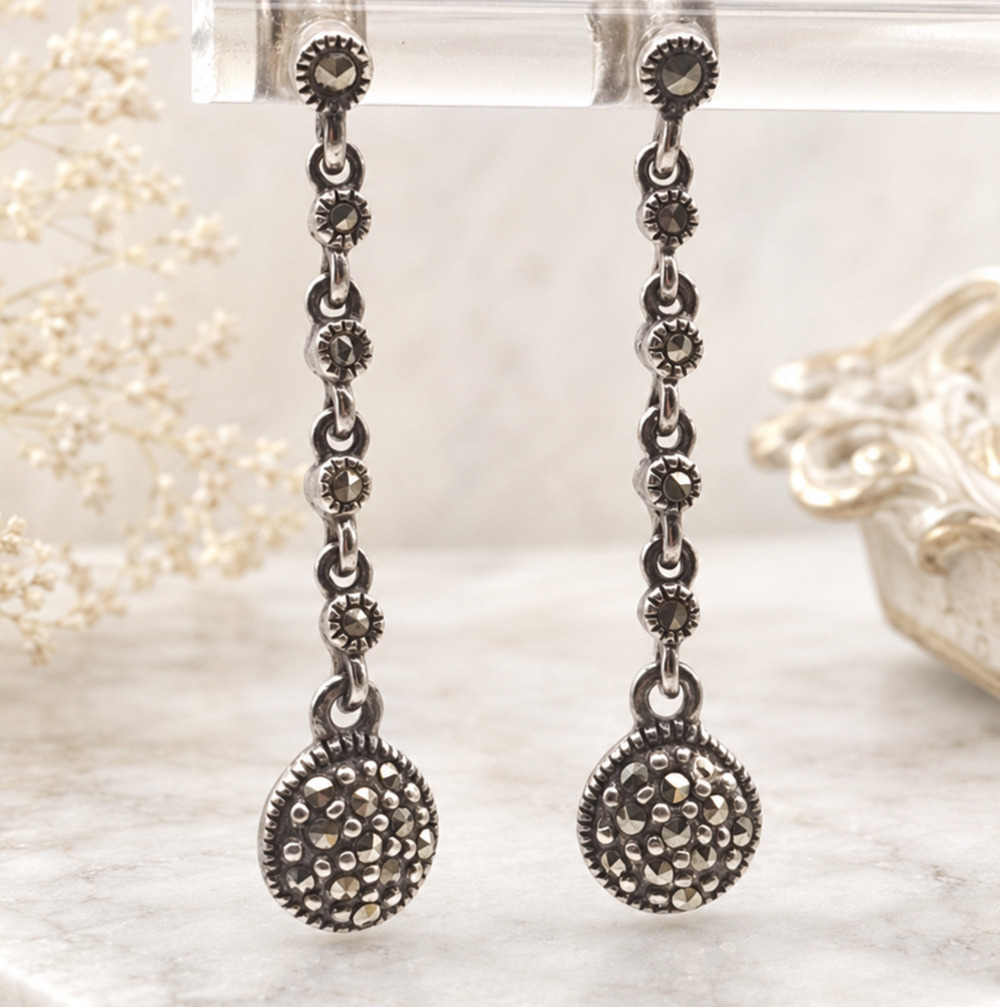 Vintage Sterling Silver Marcasite Dangle Earrings Thailand Floral Link Drop 1.5”